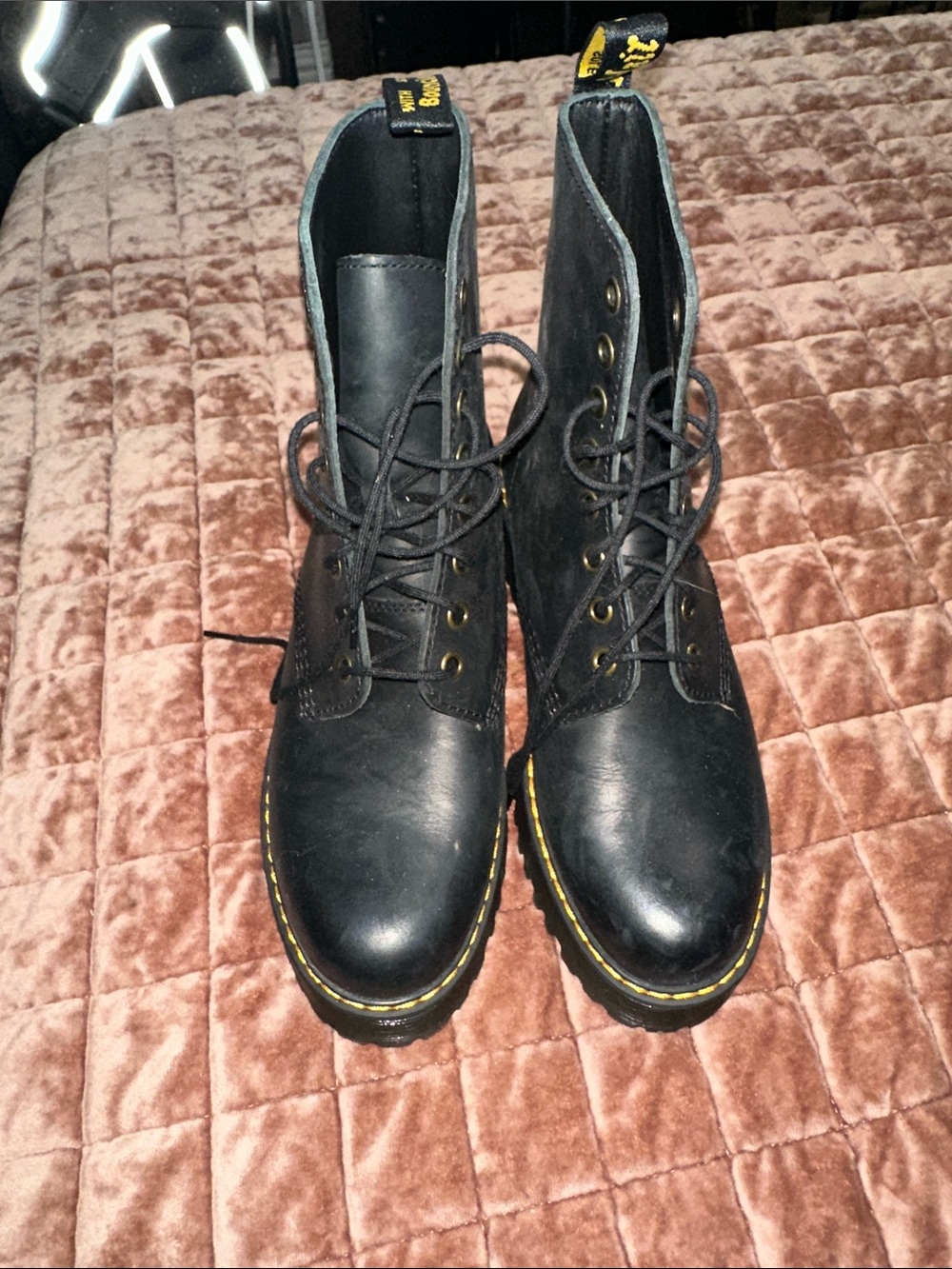Dr. Martins lace up platform Boots with Yellow Stitching
